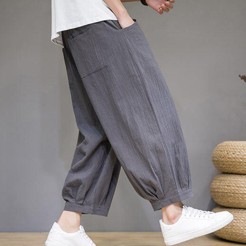 Buddha Stones Casual Plain Men's Cotton 7-8 Length Harem Pants With Pockets - image 6