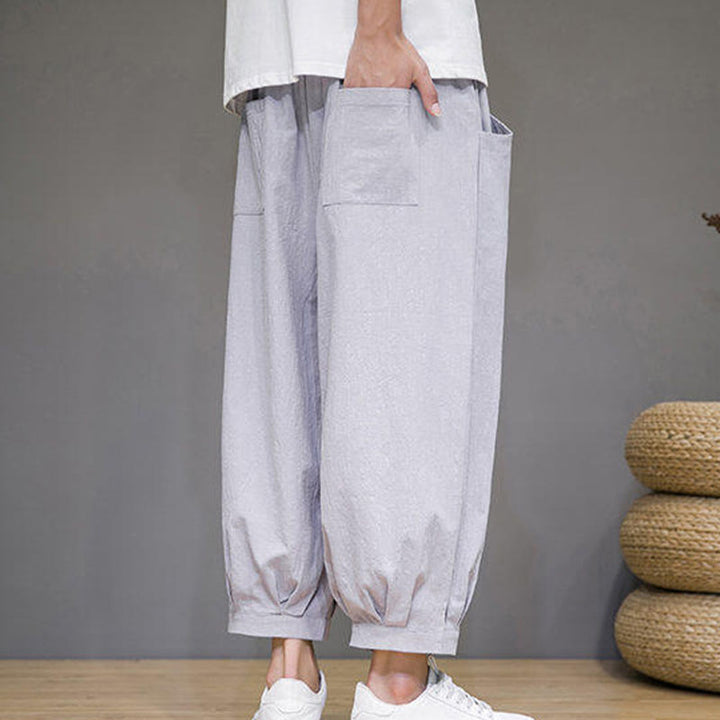 Buddha Stones Casual Plain Men's Cotton 7-8 Length Harem Pants With Pockets - image 11