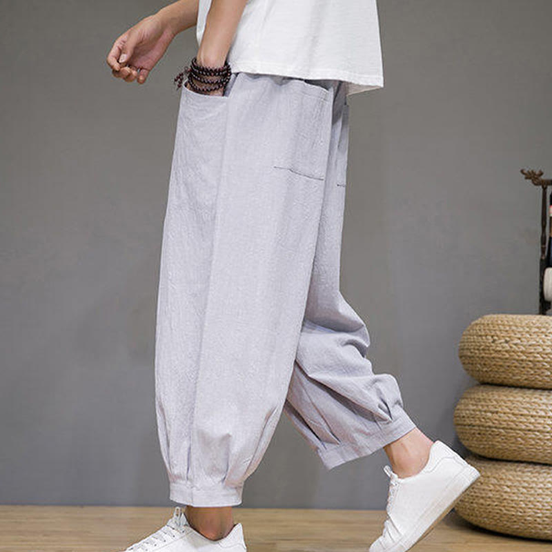 Buddha Stones Casual Plain Men's Cotton 7-8 Length Harem Pants With Pockets - image 13