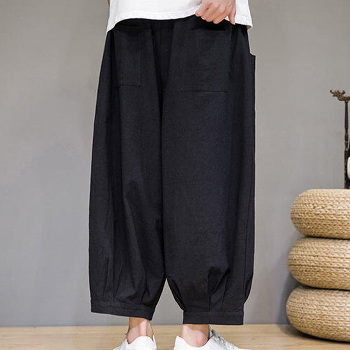 Buddha Stones Casual Plain Men's Cotton 7-8 Length Harem Pants With Pockets - image 24