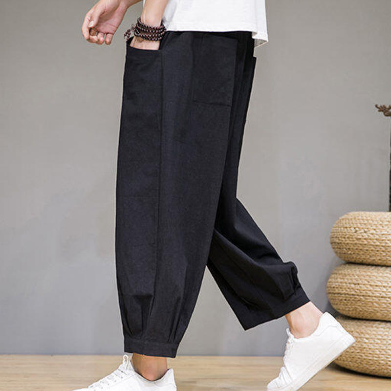 Buddha Stones Casual Plain Men's Cotton 7-8 Length Harem Pants With Pockets - image 23
