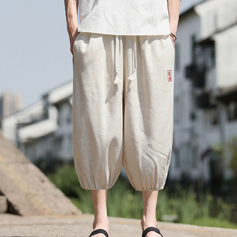 Buddha Stones Casual Embroidered Chinese Characters Men's Cotton 7-8 Length Pants With Pockets - image 2