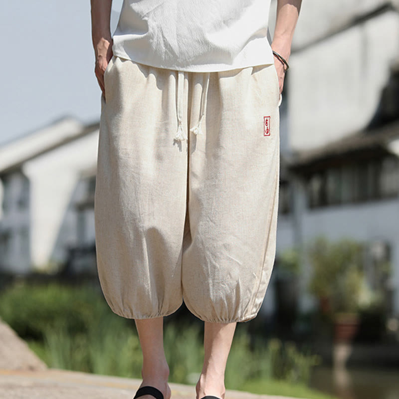 Buddha Stones Casual Embroidered Chinese Characters Men's Cotton 7-8 Length Pants With Pockets - Beige - US/UK/AU46，EU56 (5XL) - image 1
