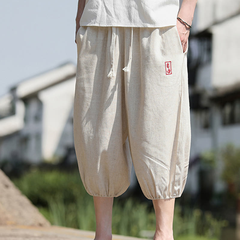 Buddha Stones Casual Embroidered Chinese Characters Men's Cotton 7-8 Length Pants With Pockets - image 6