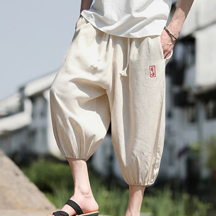 Buddha Stones Casual Embroidered Chinese Characters Men's Cotton 7-8 Length Pants With Pockets - image 3