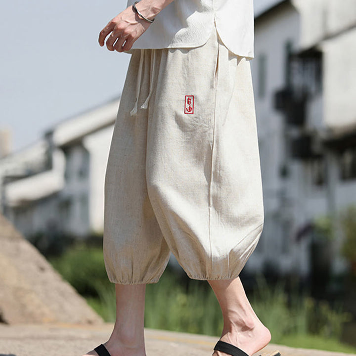 Buddha Stones Casual Embroidered Chinese Characters Men's Cotton 7-8 Length Pants With Pockets - image 4