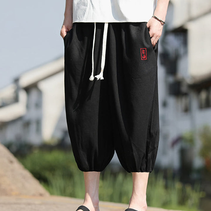 Buddha Stones Casual Embroidered Chinese Characters Men's Cotton 7-8 Length Pants With Pockets - image 10