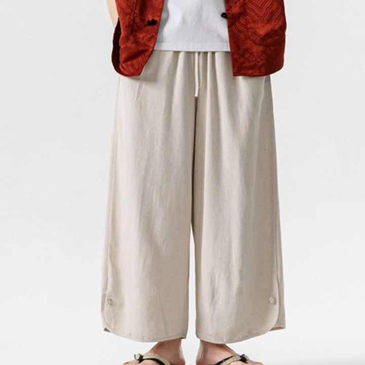 Buddha Stones Casual Loose Frog-Button Plain Men's Cotton Linen 7-8 Length Pants With Pockets - image 7