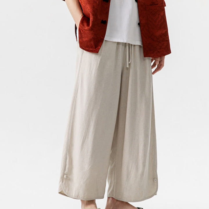 Buddha Stones Casual Loose Frog-Button Plain Men's Cotton Linen 7-8 Length Pants With Pockets - image 6
