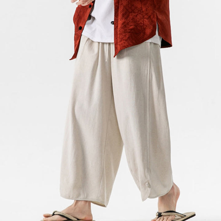 Buddha Stones Casual Loose Frog-Button Plain Men's Cotton Linen 7-8 Length Pants With Pockets - image 8