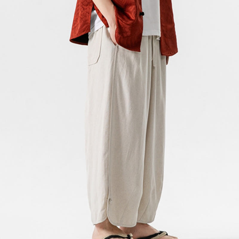 Buddha Stones Casual Loose Frog-Button Plain Men's Cotton Linen 7-8 Length Pants With Pockets - image 4