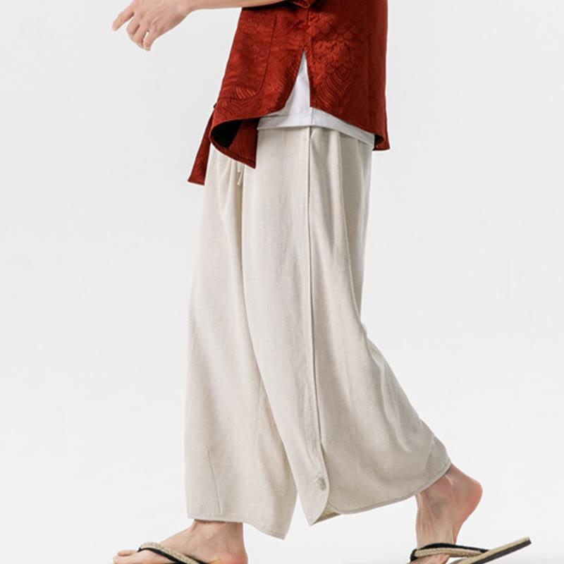 Buddha Stones Casual Loose Frog-Button Plain Men's Cotton Linen 7-8 Length Pants With Pockets - image 3