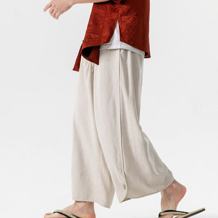 Buddha Stones Casual Loose Frog-Button Plain Men's Cotton Linen 7-8 Length Pants With Pockets - image 3