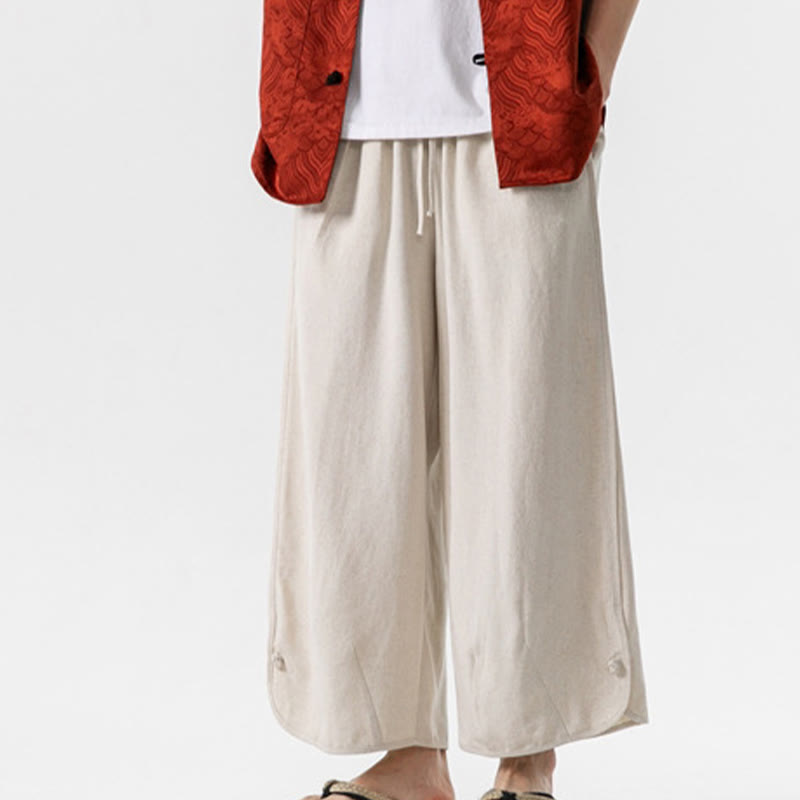 Buddha Stones Casual Loose Frog-Button Plain Men's Cotton Linen 7-8 Length Pants With Pockets - Beige - US/UK/AU46，EU56 (5XL) - image 1