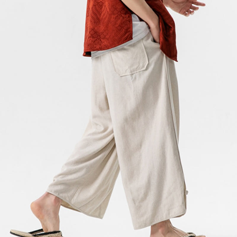 Buddha Stones Casual Loose Frog-Button Plain Men's Cotton Linen 7-8 Length Pants With Pockets - image 5