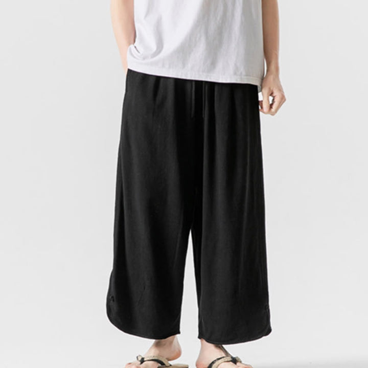 Buddha Stones Casual Loose Frog-Button Plain Men's Cotton Linen 7-8 Length Pants With Pockets - Black - US/UK/AU46，EU56 (5XL) - image 12