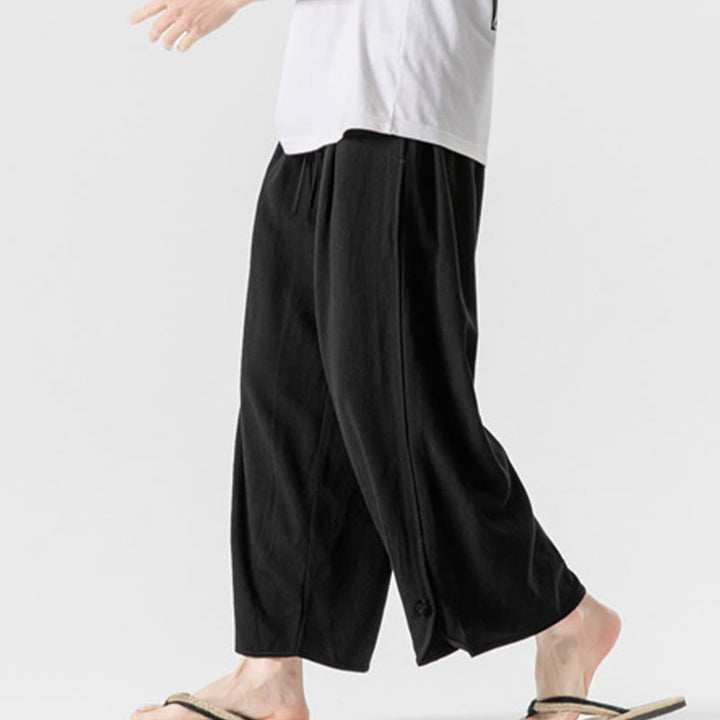 Buddha Stones Casual Loose Frog-Button Plain Men's Cotton Linen 7-8 Length Pants With Pockets - image 18