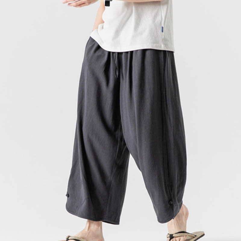 Buddha Stones Casual Loose Frog-Button Plain Men's Cotton Linen 7-8 Length Pants With Pockets - image 34