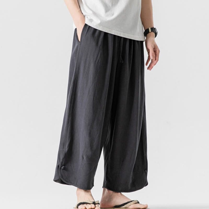 Buddha Stones Casual Loose Frog-Button Plain Men's Cotton Linen 7-8 Length Pants With Pockets - image 35