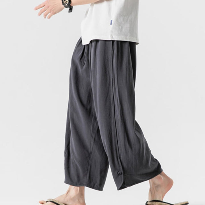 Buddha Stones Casual Loose Frog-Button Plain Men's Cotton Linen 7-8 Length Pants With Pockets - image 36