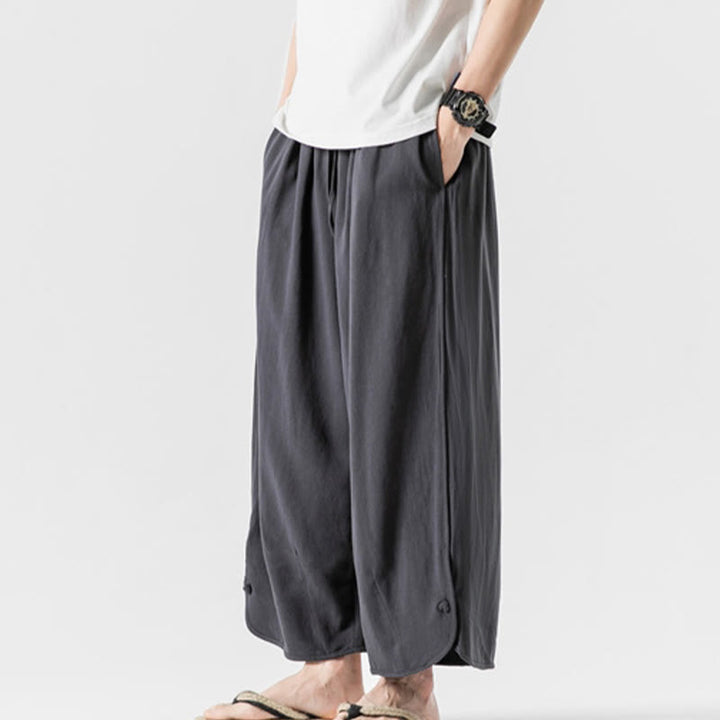 Buddha Stones Casual Loose Frog-Button Plain Men's Cotton Linen 7-8 Length Pants With Pockets - image 31