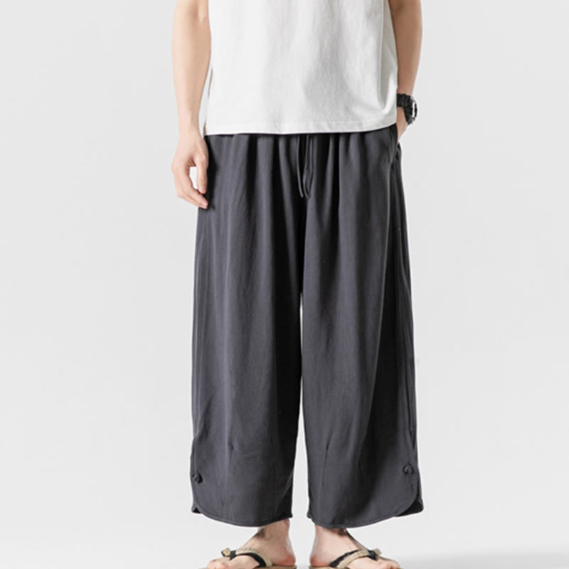 Buddha Stones Casual Loose Frog-Button Plain Men's Cotton Linen 7-8 Length Pants With Pockets - image 32