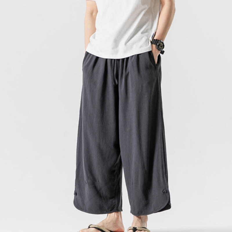 Buddha Stones Casual Loose Frog-Button Plain Men's Cotton Linen 7-8 Length Pants With Pockets - image 29