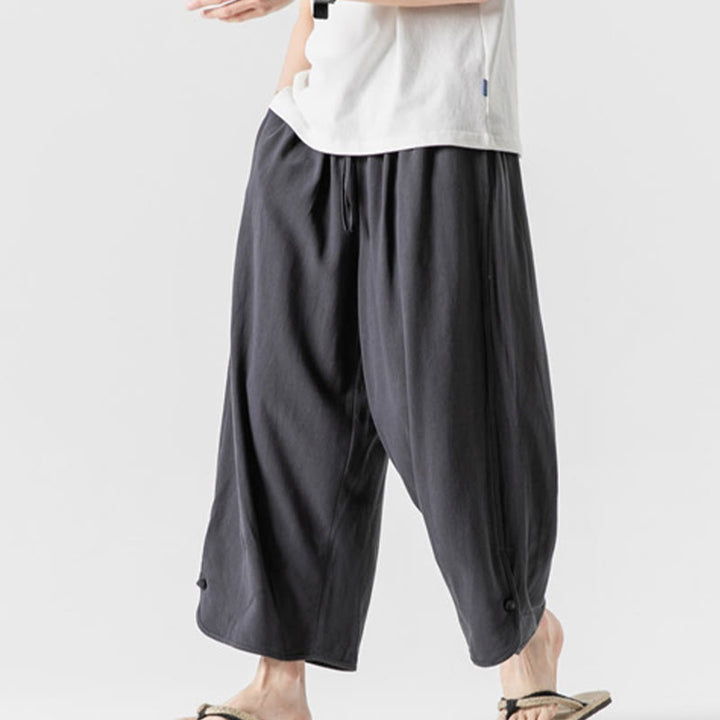 Buddha Stones Casual Loose Frog-Button Plain Men's Cotton Linen 7-8 Length Pants With Pockets - image 33