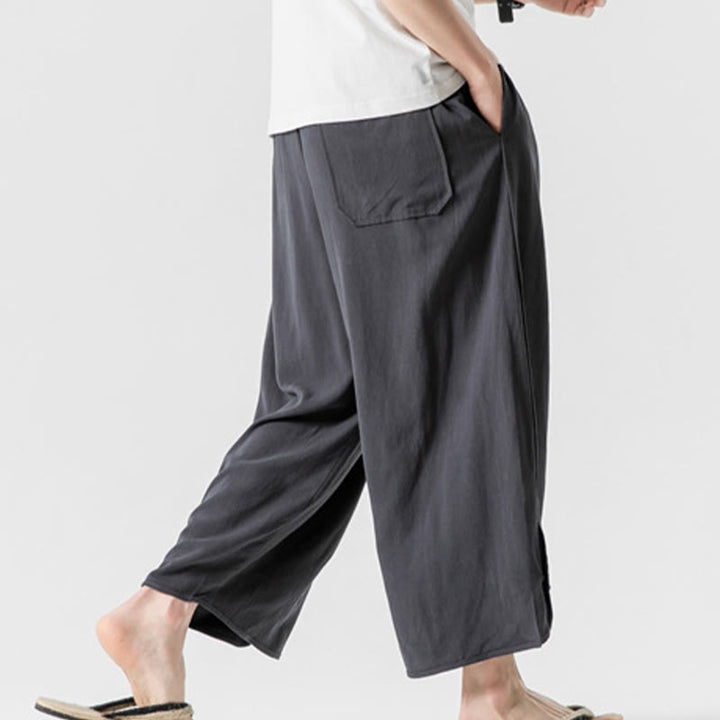 Buddha Stones Casual Loose Frog-Button Plain Men's Cotton Linen 7-8 Length Pants With Pockets - image 36