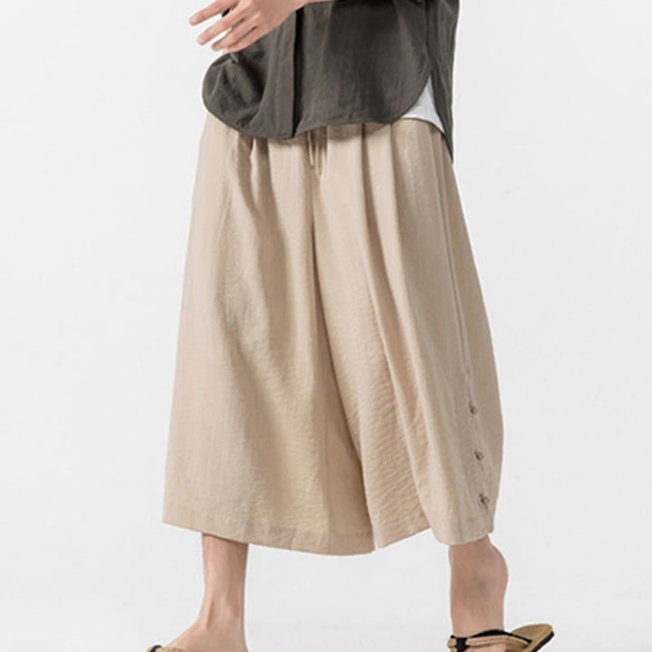 Buddha Stones Casual Loose Frog-Button Plain Men's Cotton 7-8 Length Wide Leg Pants With Pockets - image 6