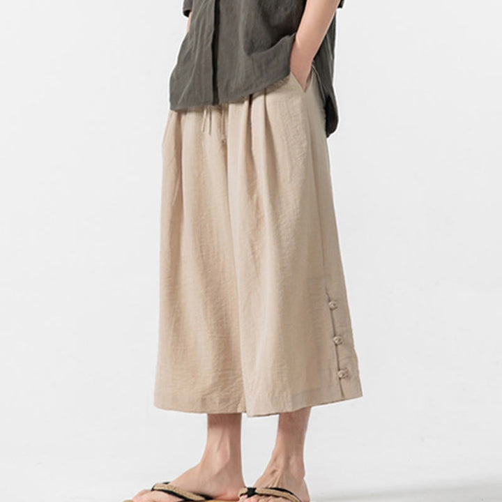Buddha Stones Casual Loose Frog-Button Plain Men's Cotton 7-8 Length Wide Leg Pants With Pockets - image 4