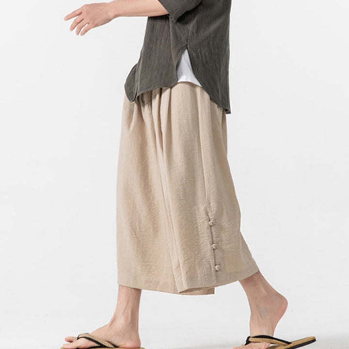 Buddha Stones Casual Loose Frog-Button Plain Men's Cotton 7-8 Length Wide Leg Pants With Pockets - image 14