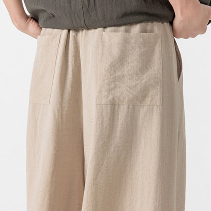 Buddha Stones Casual Loose Frog-Button Plain Men's Cotton 7-8 Length Wide Leg Pants With Pockets - image 15
