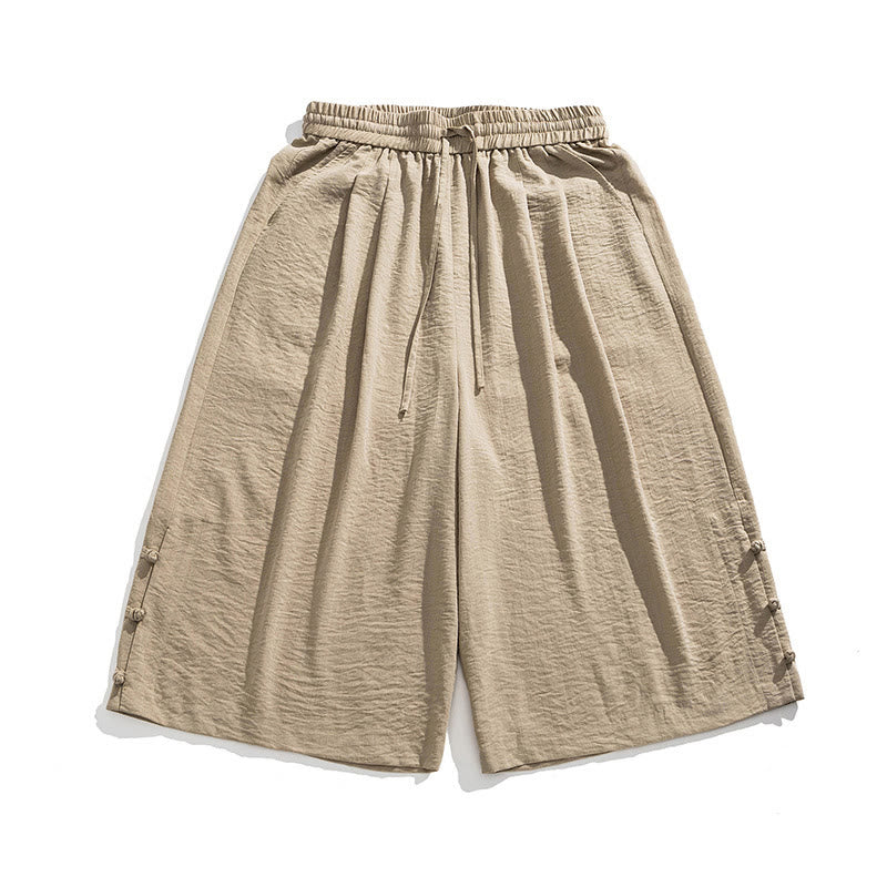 Buddha Stones Casual Loose Frog-Button Plain Men's Cotton 7-8 Length Wide Leg Pants With Pockets - image 2
