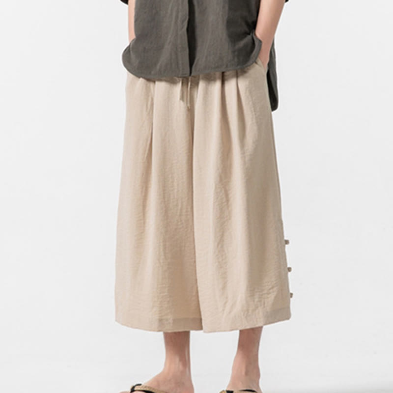 Buddha Stones Casual Loose Frog-Button Plain Men's Cotton 7-8 Length Wide Leg Pants With Pockets - PapayaWhip - US/UK/AU46，EU56 (5XL) - image 1