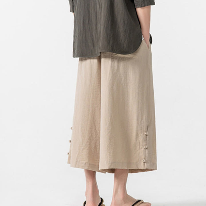 Buddha Stones Casual Loose Frog-Button Plain Men's Cotton 7-8 Length Wide Leg Pants With Pockets - image 5