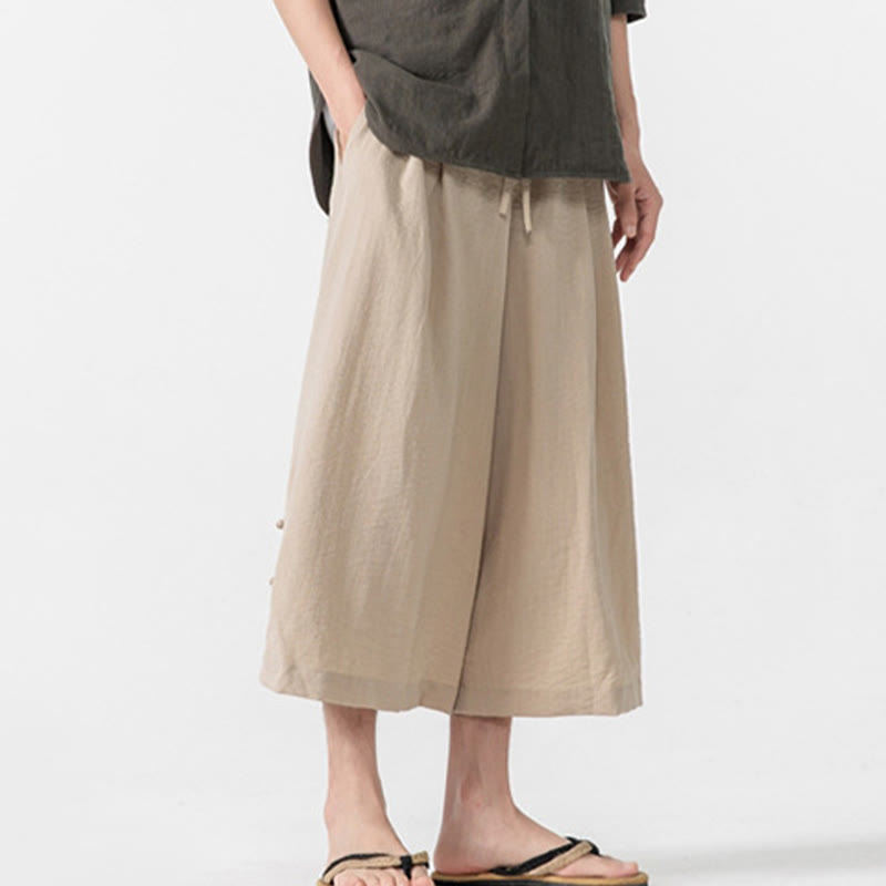 Buddha Stones Casual Loose Frog-Button Plain Men's Cotton 7-8 Length Wide Leg Pants With Pockets - image 3
