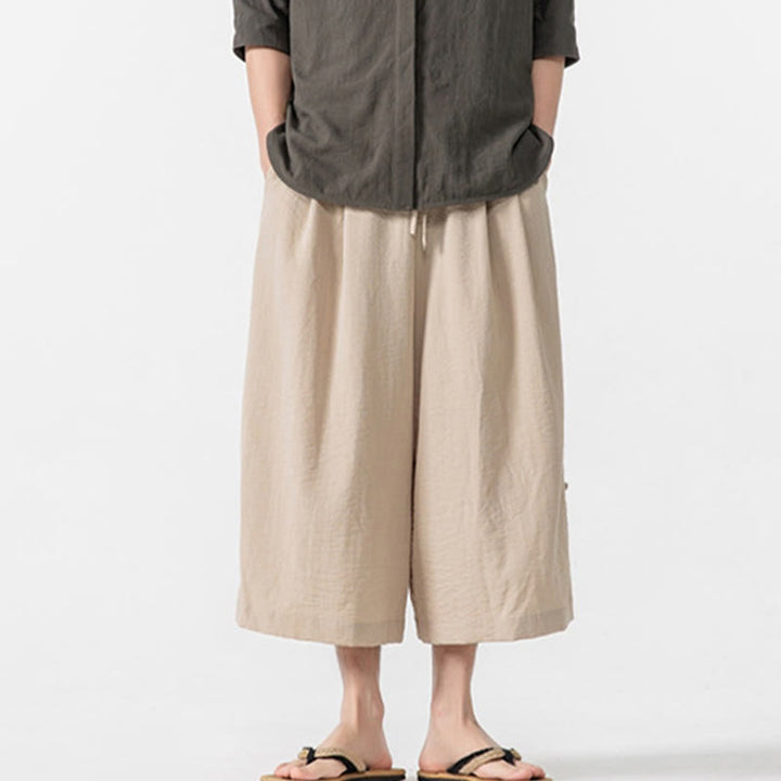 Buddha Stones Casual Loose Frog-Button Plain Men's Cotton 7-8 Length Wide Leg Pants With Pockets - image 11