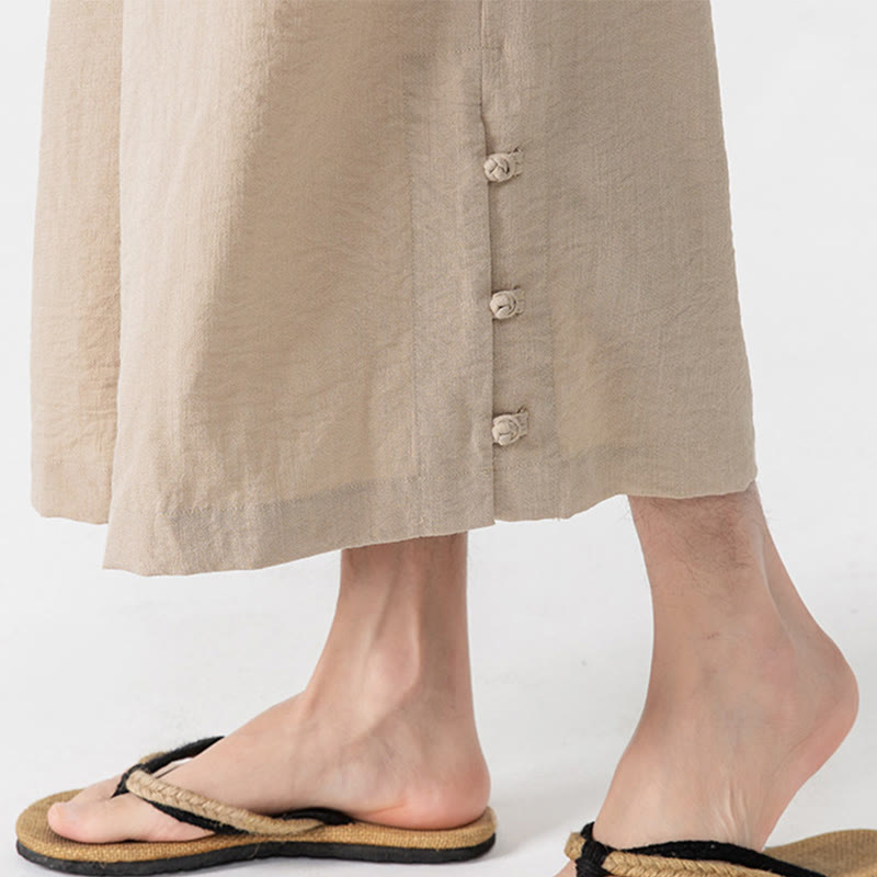 Buddha Stones Casual Loose Frog-Button Plain Men's Cotton 7-8 Length Wide Leg Pants With Pockets - image 10