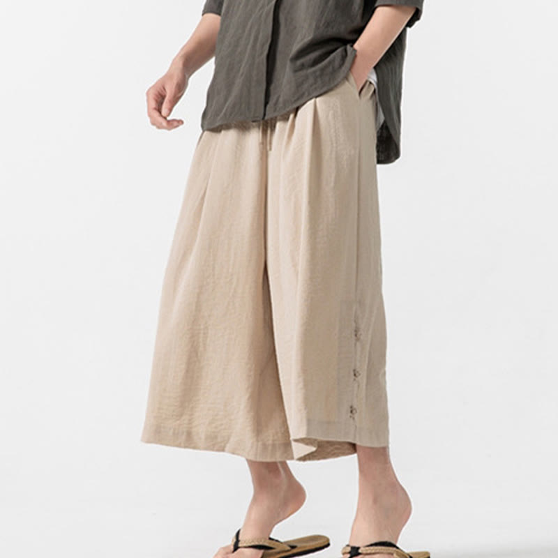 Buddha Stones Casual Loose Frog-Button Plain Men's Cotton 7-8 Length Wide Leg Pants With Pockets - image 9