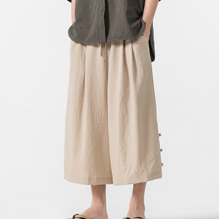 Buddha Stones Casual Loose Frog-Button Plain Men's Cotton 7-8 Length Wide Leg Pants With Pockets - PapayaWhip - US/UK/AU46，EU56 (5XL) - image 0