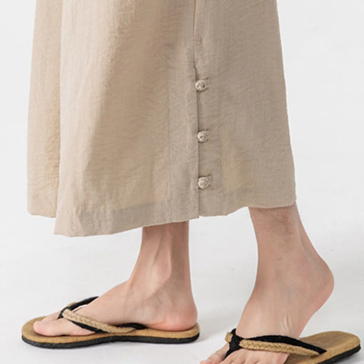 Buddha Stones Casual Loose Frog-Button Plain Men's Cotton 7-8 Length Wide Leg Pants With Pockets - image 8
