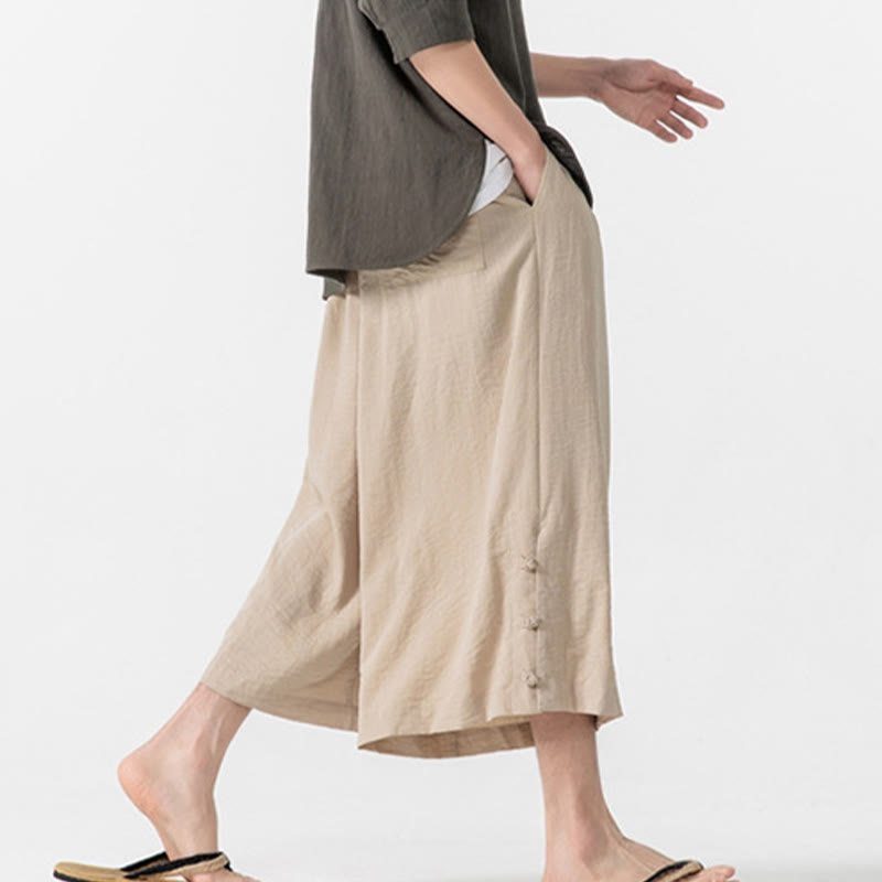 Buddha Stones Casual Loose Frog-Button Plain Men's Cotton 7-8 Length Wide Leg Pants With Pockets - image 7