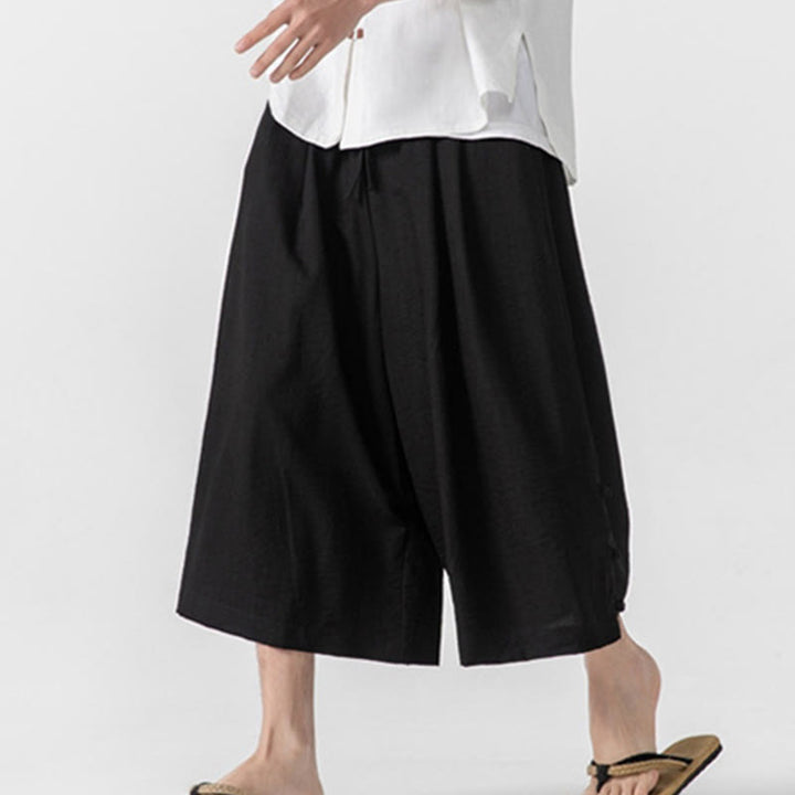 Buddha Stones Casual Loose Frog-Button Plain Men's Cotton 7-8 Length Wide Leg Pants With Pockets - image 24