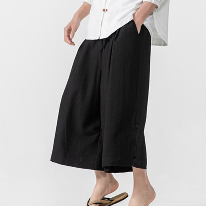 Buddha Stones Casual Loose Frog-Button Plain Men's Cotton 7-8 Length Wide Leg Pants With Pockets - image 21