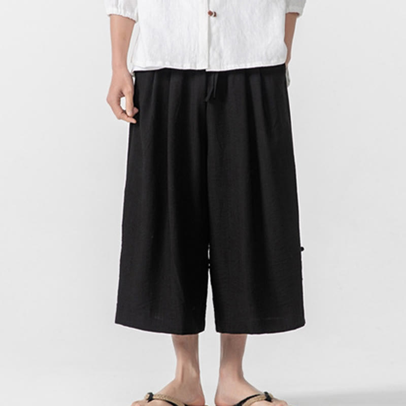 Buddha Stones Casual Loose Frog-Button Plain Men's Cotton 7-8 Length Wide Leg Pants With Pockets - Black - US/UK/AU46，EU56 (5XL) - image 16