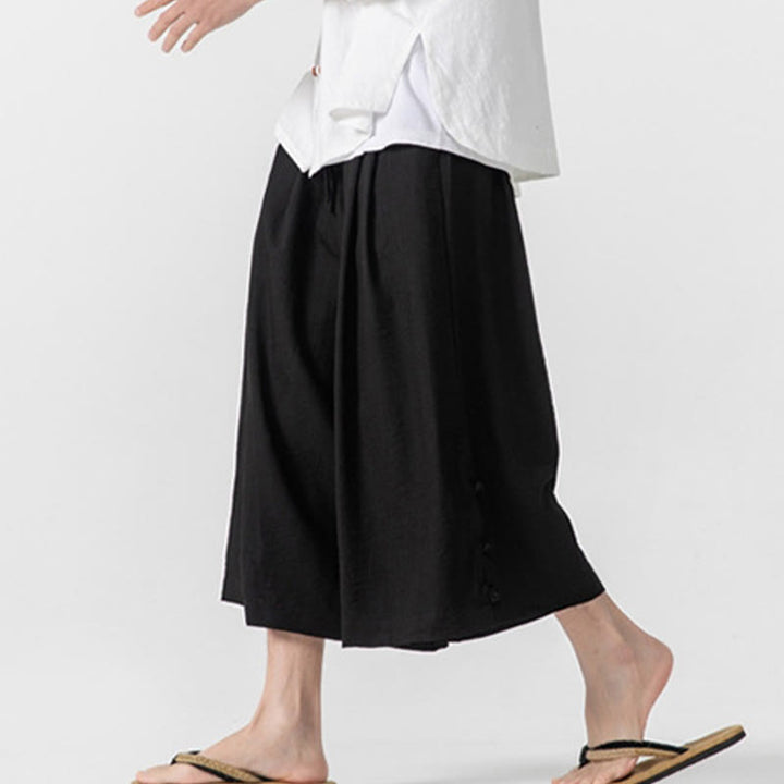 Buddha Stones Casual Loose Frog-Button Plain Men's Cotton 7-8 Length Wide Leg Pants With Pockets - image 18
