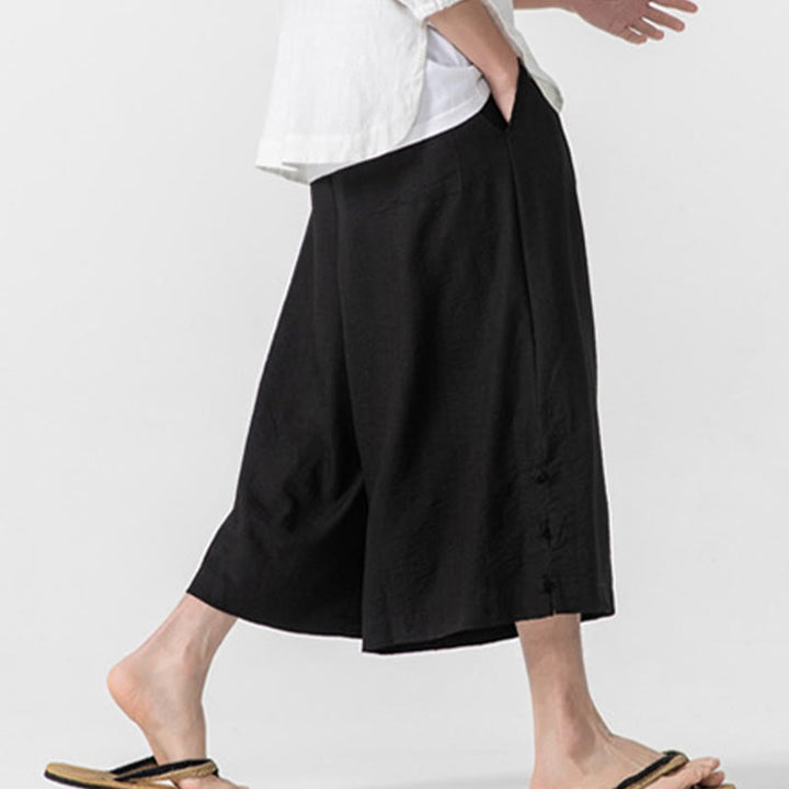 Buddha Stones Casual Loose Frog-Button Plain Men's Cotton 7-8 Length Wide Leg Pants With Pockets - image 22