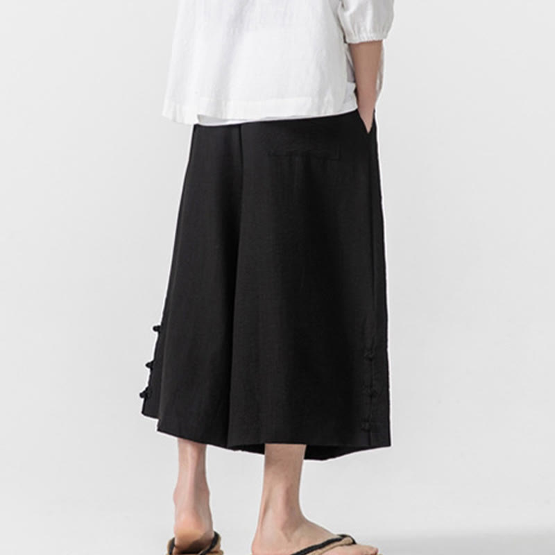 Buddha Stones Casual Loose Frog-Button Plain Men's Cotton 7-8 Length Wide Leg Pants With Pockets - image 20