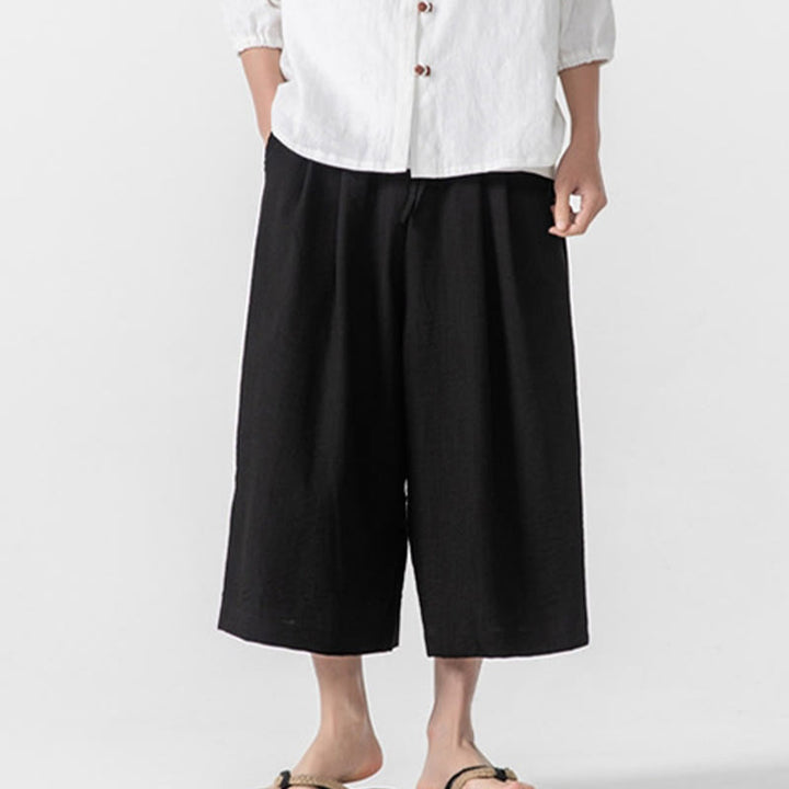 Buddha Stones Casual Loose Frog-Button Plain Men's Cotton 7-8 Length Wide Leg Pants With Pockets - image 22